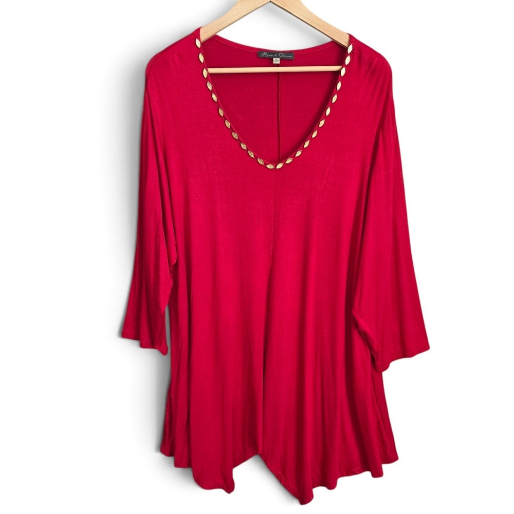 Rose & Olive Womens Tunic Top 3X Red Gold Studded Neck 3/4 Sleeve Blouse